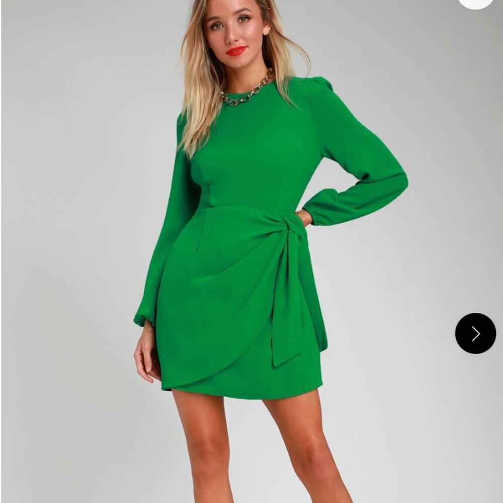 Lulu's Believe It or Knot Green Long Sleeve Tie-Front Skater Dress